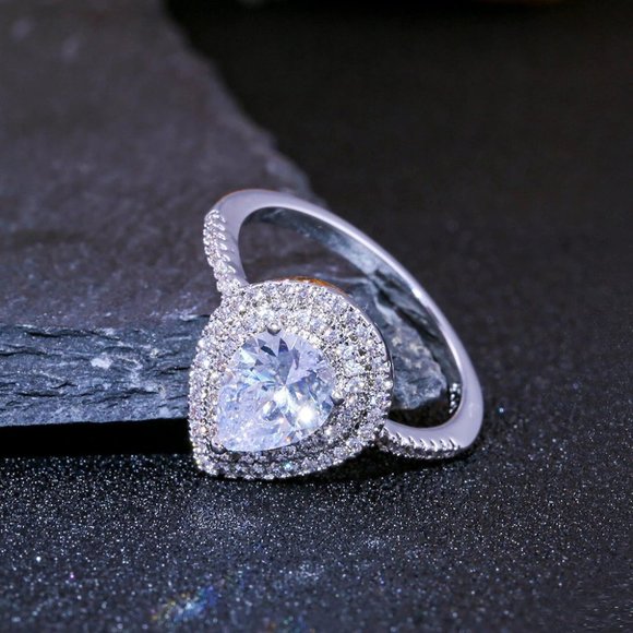 Pear Shaped Engagement Ring, CZ Bling Wedding Ring, Double Halo Promise Ring - Picture 3 of 5
